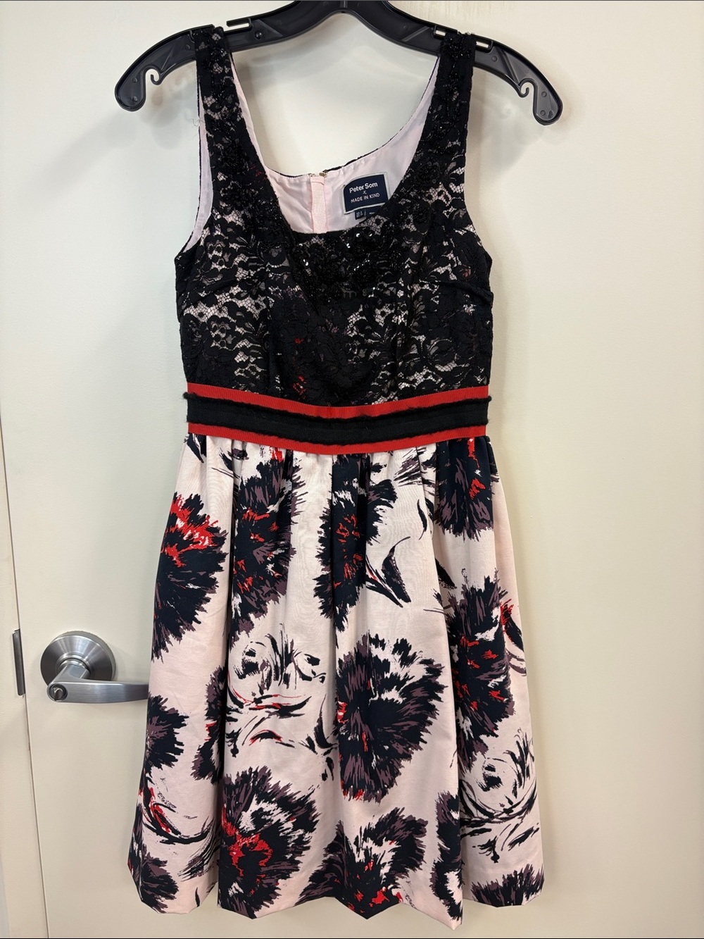 Peter Som Black Lace Bodice Pink Dress with Red & Black Floral Print